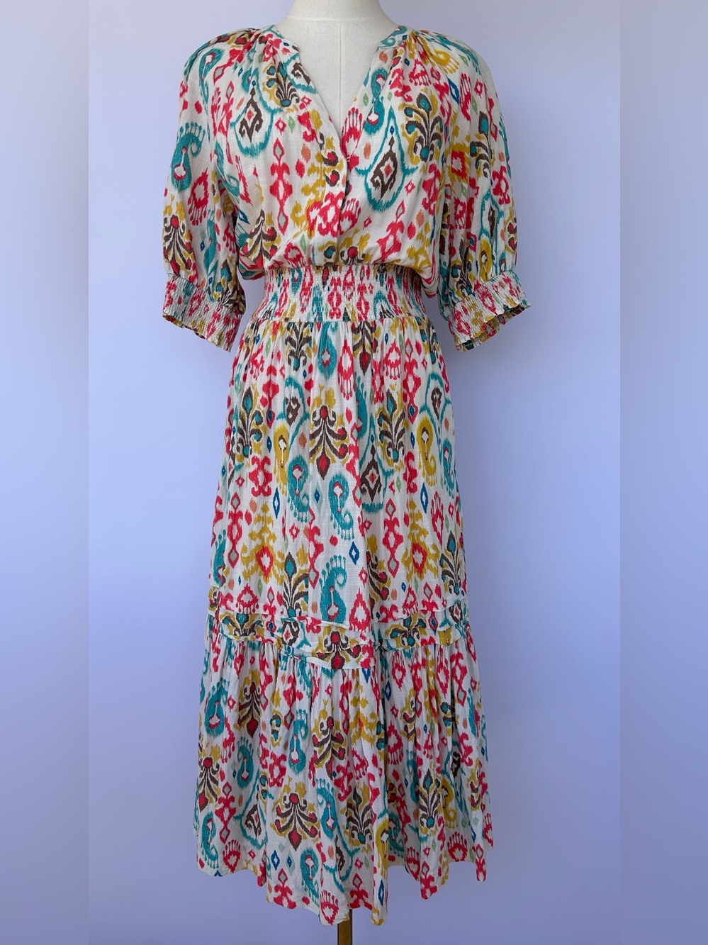 Anthropologie Women’s Felipa Smocked Maxi Dress Ikat Boho Style Size Small